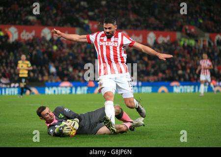 Declan Rudd (a sinistra), portiere della città di Norwich, rivendica la palla dai piedi del Jonathan Walters di Stoke City durante la partita della Barclays Premier League al Britannia Stadium di Stoke. Foto Stock