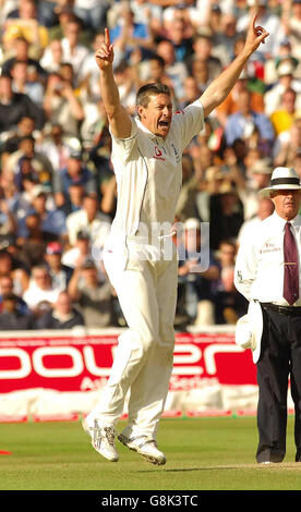 Cricket - The Ashes - Npower Second Test - Inghilterra / Australia - Edgbaston. Ashley Giles in Inghilterra festeggia dopo aver preso il cazzo di Simon Katich in Australia. Foto Stock