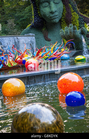 "Fiori e barca Niijima floats " Sculture in vetro di Dale Chihuly ad Atlanta Giardino Botanico di Chihuly nel giardino presentano. Foto Stock