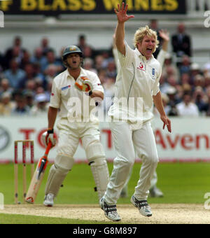 Matthew Hoggard, in Inghilterra, celebra l'intrappolamento della LBW australiana Adam Gilchrist per 11 corse durante il quarto giorno della quarta partita di Npower Test a Trent Bridge, Nottingham, domenica 28 agosto 2005. PREMERE ASSOCIAZIONE foto. Il credito fotografico dovrebbe essere: Gareth Copley/PA. Foto Stock