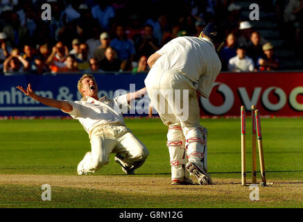 Il brett Lee dell'Australia festeggia il lancio del wicket di Andrew Flintoff dell'Inghilterra durante il quarto giorno della quarta partita di test della npower a Trent Bridge, Nottingham, domenica 28 agosto 2005. PREMERE ASSOCIAZIONE foto. Il credito fotografico dovrebbe essere: Rui Vieira/PA. Foto Stock