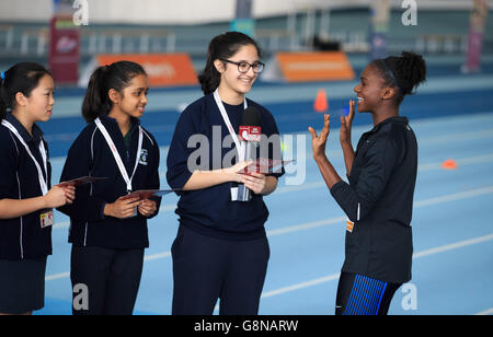 Dina Asher-Smith e Libby Clegg Photocall - Sain Lee Valley Centro di atletica Foto Stock