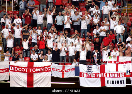 Calcio - Coppa del mondo FIFA 2006 Qualifier - Gruppo Six - Galles / Inghilterra - Millennium Stadium. Gli appassionati d'Inghilterra si immergeranno nell'atmosfera del Millennium Stadium Foto Stock