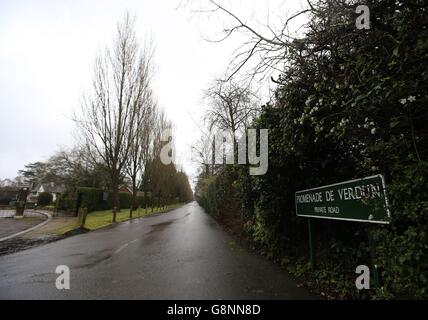 Una visione generale del paesaggio commemorativo Promenade de Verdun a Croydon, che è stato insignito di grado II in onore del centenario della battaglia di Verdun. Sul lungomare si trovano i pioppi lombardi piantati in un misto di terra francese e inglese per simboleggiare l'unità dei due paesi durante la guerra. Foto Stock