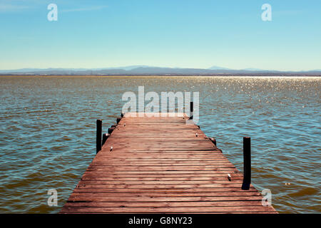 Un dock in legno sopra la laguna in la Albufera de Valencia, Valencia, Spagna Foto Stock