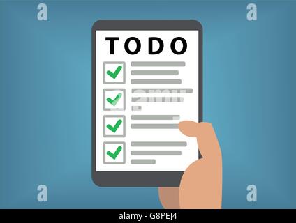 Digital todo list concetto con mano azienda smart phone Illustrazione Vettoriale