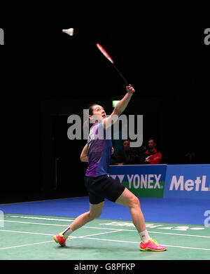 Scotland's Kirsty Gilmour in azione durante la partita del singolo durante il primo giorno dello YONEX All England Open Badminton Championships presso la Barclaycard Arena di Birmingham. Foto Stock