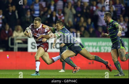 Il Wigan Warriors v Leeds rinoceronti - Utility prima Super League - DW Stadium Foto Stock