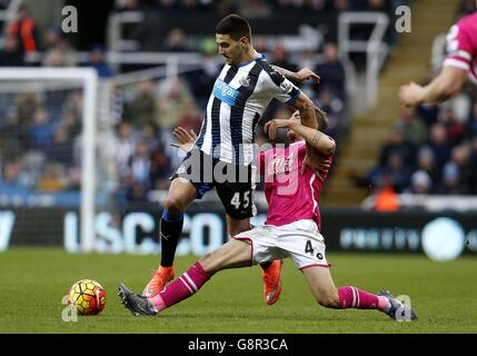 Aleksandar Mitrovic di Newcastle United (a sinistra) e Dan Gosling di AFC Bournemouth combattono per la palla durante la partita della Barclays Premier League al St James' Park di Newcastle. Foto Stock