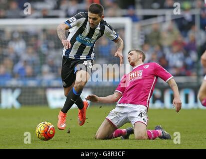 Aleksandar Mitrovic di Newcastle United (a sinistra) e Dan Gosling di AFC Bournemouth combattono per la palla durante la partita della Barclays Premier League al St James' Park di Newcastle. Foto Stock