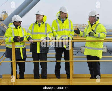 Il Duca di Cambridge (seconda a destra) si trova su un gantry in cima a una delle gru per container, con il presidente del DP Sultan Ahmed Bin Sulayem (a sinistra), Lord Hague (seconda a sinistra) e il CEO del DP World Simon Moore, durante una visita al DP World's London Gateway, porto dei container a Stanford-le-Hope, Essex. Foto Stock