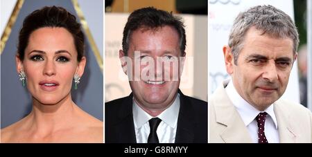 File foto, da sinistra a destra di, Jennifer Garner, Piers Morgan e Rowan Atkinson. Foto Stock
