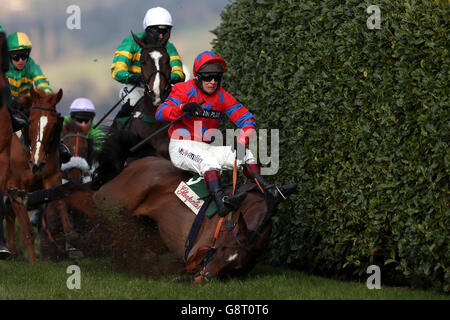 Re Balthazar guidato dal fantino Richard Johnson cade durante il Glenfarclas Chase durante il Ladies Day del Cheltenham Festival 2016 all'ippodromo di Cheltenham. Foto Stock