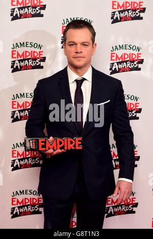 Matt Damon vince il premio Best Actor, al Jameson Empire Film Awards 2016 che si tiene a Grosvenor House, a Park Lane, Londra. Foto Stock