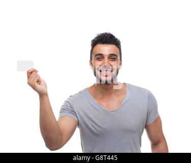 Uomo informale visualizzazione Blank Board Sorriso Foto Stock