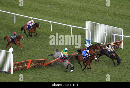 Campeador guidato da Jockey Barry Geraghty cade nel Fred Winter Juvenile handicap ostacoli durante il giorno delle Signore al Cheltenham Festival 2016 all'ippodromo di Cheltenham. Foto Stock