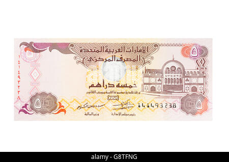 Emirati Arabi Uniti EMIRATI ARABI UNITI cinque Dirham nota su sfondo bianco Foto Stock