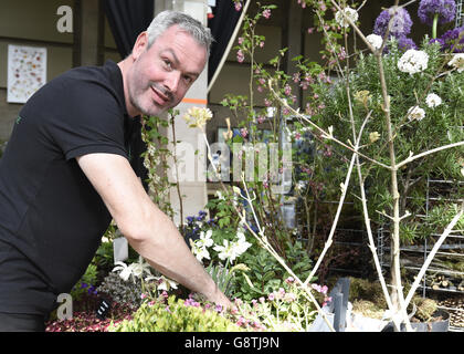 L'espositore John Cullen organizza i fiori davanti allo stabilimento RHS London Spring Extravaganza, che ospita il RHS Orchid Show presso i centri orticoli RHS di Londra. Foto Stock