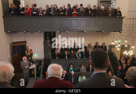 Il Presidente Michael D Higgins parla all'apertura del nuovo centro visitatori a Kilmainham Gaol, Dublino. Foto Stock