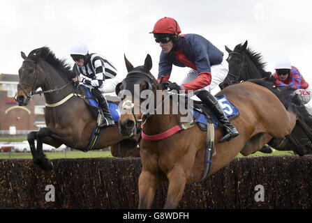 Special Catch (a sinistra) guidato da James Reveley sulla strada per vincere la Porcelanosa Scotland Novices' Limited handicap Steeple Chase durante il Ladies Day del Coral Scottish Grand National Festival all'Ayr Racecourse. Foto Stock