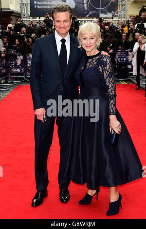 Dame Helen Mirren e Colin Firth partecipano alla prima Eye in the Sky UK tenutasi a Curzon Mayfair, Londra. PREMERE ASSOCIAZIONE foto. Data immagine: Lunedì 11 aprile 2016. Vedi PA Story SHOWBIZ Mirren. Il credito fotografico dovrebbe essere: Ian West/PA Wire Foto Stock