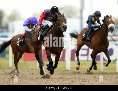 Dartmouth indovinato da Ryan Moore (a sinistra) vince il Follow Betfred su Twitter John Porter Stakes durante Dubai Duty Free Primavera Sabato al Chelmsford City Racecourse. Foto Stock