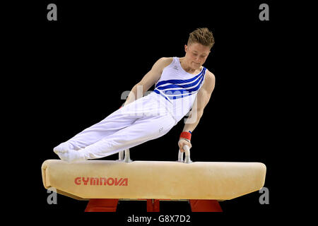 Ginnastica artistica Campionati britannici 2016 - terzo giorno - Liverpool Echo Arena. Nile Wilson in gara sul cavallo pommel Foto Stock