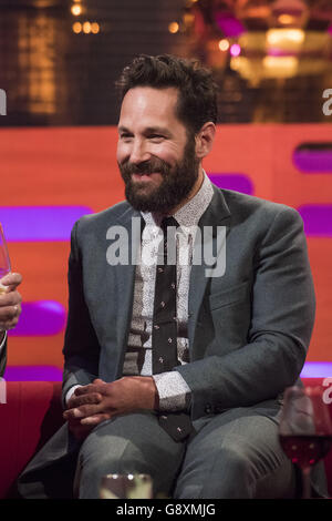 Paul Rudd durante le riprese del Graham Norton Show, presso i London Studios, a sud di Londra, in onda sulla BBC One il venerdì sera. Foto Stock