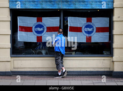 Tifosi di Brighton. Un tifoso di calcio di Brighton e Hove Albion guarda il suo lato prendere Middlesborough attraverso la finestra di un pub a Brighton. Foto Stock