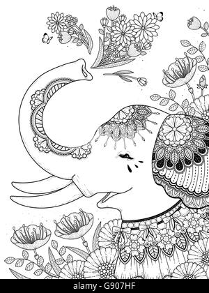 Splendida elephant con motivi floreali - adulto pagina di colorazione Illustrazione Vettoriale