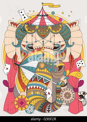 Colorazione per adulti pagina - elephant nel circus con magic props Illustrazione Vettoriale
