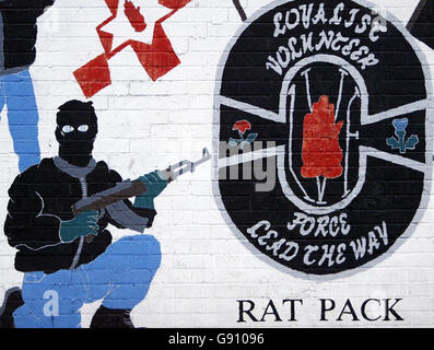 Ulster Volunteer Force (LVF) Murale nel Nord Belfast, Lunedi 31 ottobre 2005. Il gruppo terroristico ha cessato le sue operazioni a mezzanotte in risposta diretta alla decisione dell'IRA di smantellare il suo arsenale di armi. La mossa seguì anche una fine formale al feudo tra la LVF e il rivale UVF. Il Partito unionista democratico ha detto che era tempo che tutti i paramilitari lealisti abbandonarono la lotta armata. Guarda la storia di PA ULSTER Loyalists. PREMERE ASSOCIAZIONE foto. Il credito fotografico dovrebbe essere: Paul Faith/PA. Foto Stock