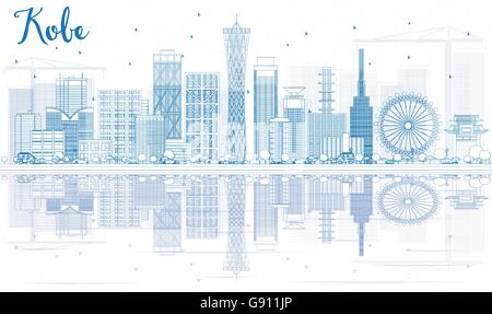 Profilo dello Skyline di Kobe con edifici blu e riflessi. Illustrazione Vettoriale. Gli affari e il turismo Concept Illustrazione Vettoriale