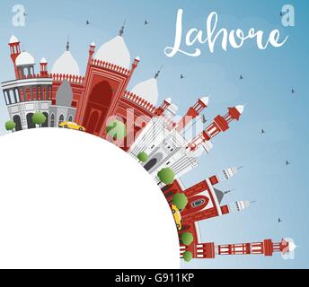Lahore Skyline con punti di riferimento di colore, il blu del cielo e spazio di copia. Illustrazione Vettoriale. Viaggi di affari e turismo concetto con Hist Illustrazione Vettoriale
