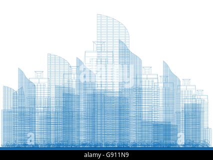 Città di contorno di grattacieli in colore blu. Illustrazione Vettoriale. Gli affari e il turismo e concetto di presentazione, cartellone, Banner Illustrazione Vettoriale