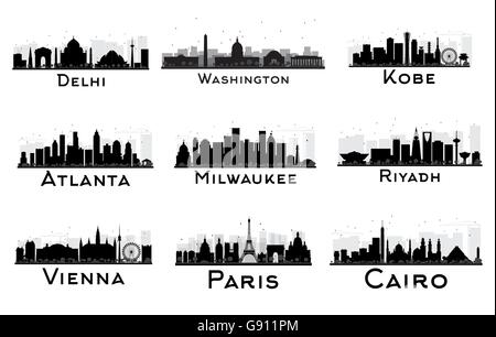 Set di skyline della città in bianco e nero la silhouette. Illustrazione Vettoriale. Delhi. Washington. Kobe. Atlanta. Milwaukee. Riyadh. Vienna Illustrazione Vettoriale