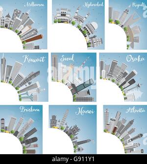 Set di 9 dello skyline della città con copia spazio. Illustrazione Vettoriale. Skyline con punti di riferimento mondiale. Melbourne. Hyderabad. Riyadh. Il Kuwait. Illustrazione Vettoriale