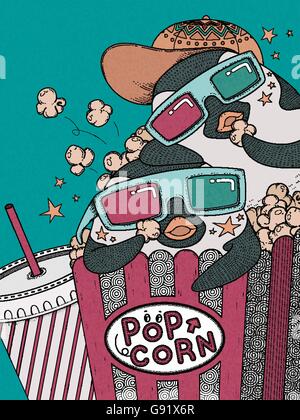 Colorazione per adulti pagina - funny penguin mangiare popcorn al cinema Illustrazione Vettoriale