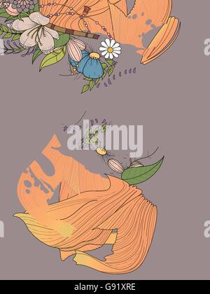 Colorazione per adulti pagina - elegante goldfish giovane con elementi floreali Illustrazione Vettoriale