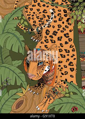 Colorazione per adulti pagina - splendida jungle leopard con headwear Illustrazione Vettoriale