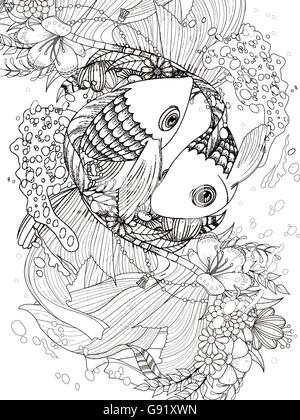 Colorazione per adulti pagina - elegante goldfish giovane con elementi floreali Illustrazione Vettoriale