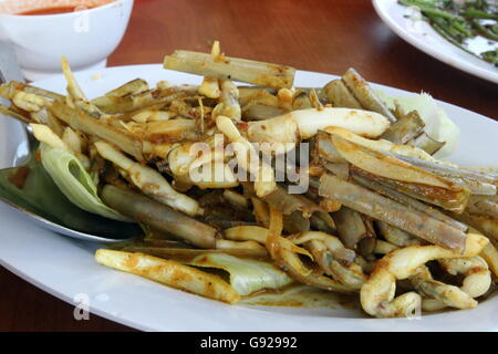 Agitare piccante fritti cannolicchi con curry rosso e cipolla Foto Stock