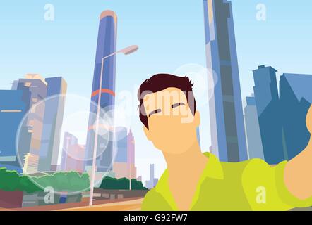 L'uomo prendendo Selfie Foto Moderna Vista Città Illustrazione Vettoriale