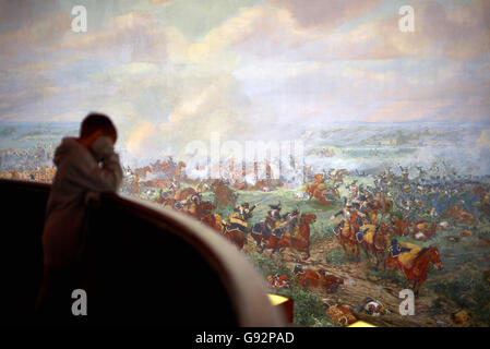 Panorama della battaglia di Waterloo in una rotonda al centro del campo di battaglia aperta nel 1912, una vista a 360 gradi della battaglia da quel punto. Foto Stock