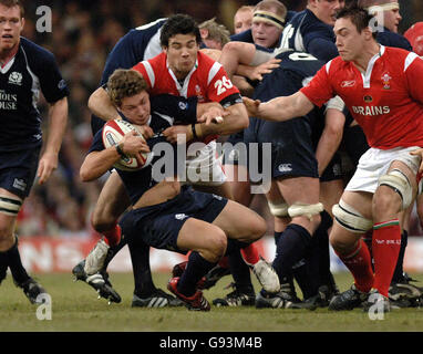 Mike Phillips del Galles prende in possesso Chris Cusiter della Scozia durante la partita RBS 6 Nations al Millennium Stadium di Cardiff, domenica 12 febbraio 2006. PREMERE ASSOCIAZIONE foto. Il credito fotografico dovrebbe essere: David Jones/PA. Foto Stock