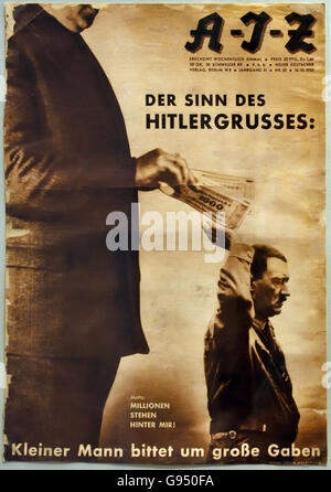 Der Sinn des Hitlergrusses - Kleiner Mann bittet um grosse Gabe / il significato del messaggio di saluto di Hitler - Piccolo uomo chiede per il grande dono . Adolf Hitler Berlino Germania Nazista ( Neuer Deutscher verlag 16-10-1932 ) Foto Stock