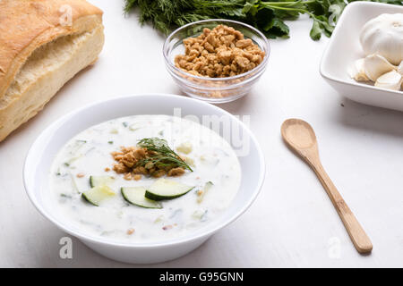 Freddo tarator fresca zuppa di cetriolo e dadi in ciotola bianco Foto Stock