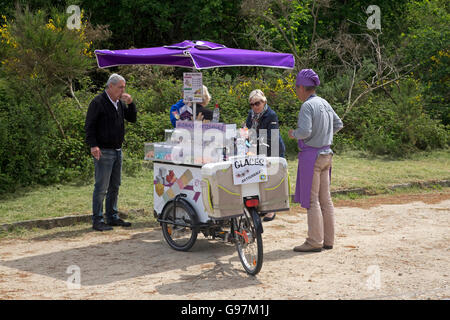 Persone che acquistano gelato dal fornitore con triciclo allineamenti Menec Carnac Bretagna Francia Foto Stock