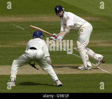 Matthew Hoggard in azione in Inghilterra durante il secondo giorno del primo test Npower contro Sri Lanak al campo di cricket di Lord, Londra. Foto Stock