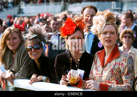 Corse ippiche - Vodafone Ladies Day - Ippodromo di Epsom Downs. I Racegoers si divertono con l'azione il giorno delle Signore Foto Stock